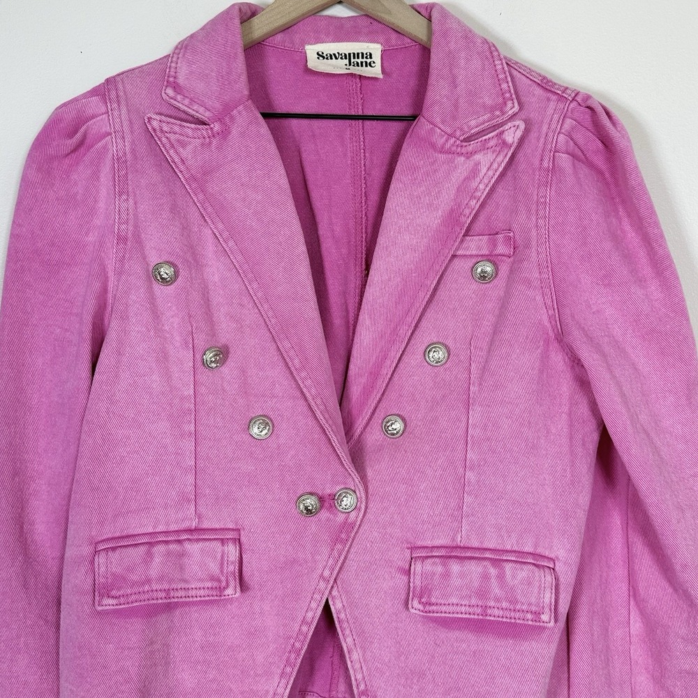 Savanna Jane Womens Pink Denim Double Breasted Blazer Jacket Size M Puff Sleeve - Picture 2 of 12